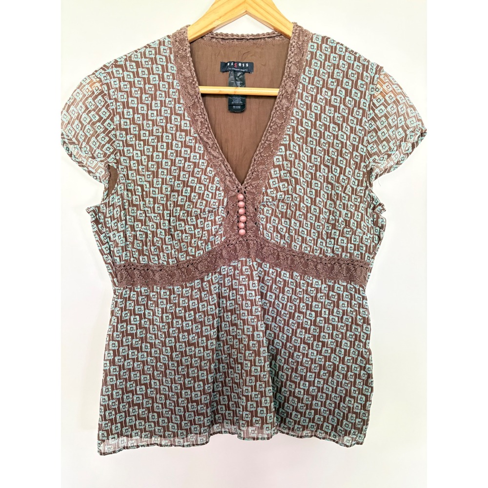 Y2K Whimsigoth Brown Turquoise Geometric Crochet Blouse Women's‎ Size 6